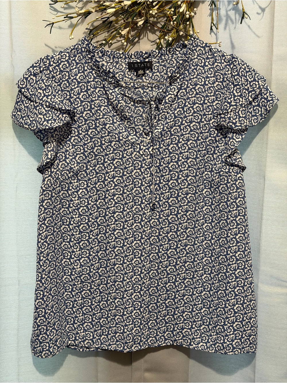 1. State Blue and White Floral Print  Flutter Sleeve Blouse